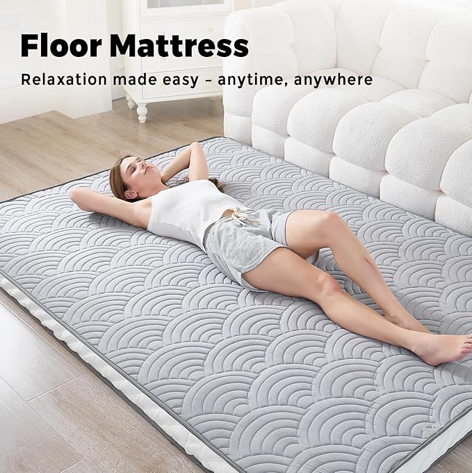Zelladorra Japanese Floor Mattress, Quilted Futon Mattress with Anti-Slip Bottom, Foldable Floor Bed with Storage Bag and Straps, (Light Grey, Full)