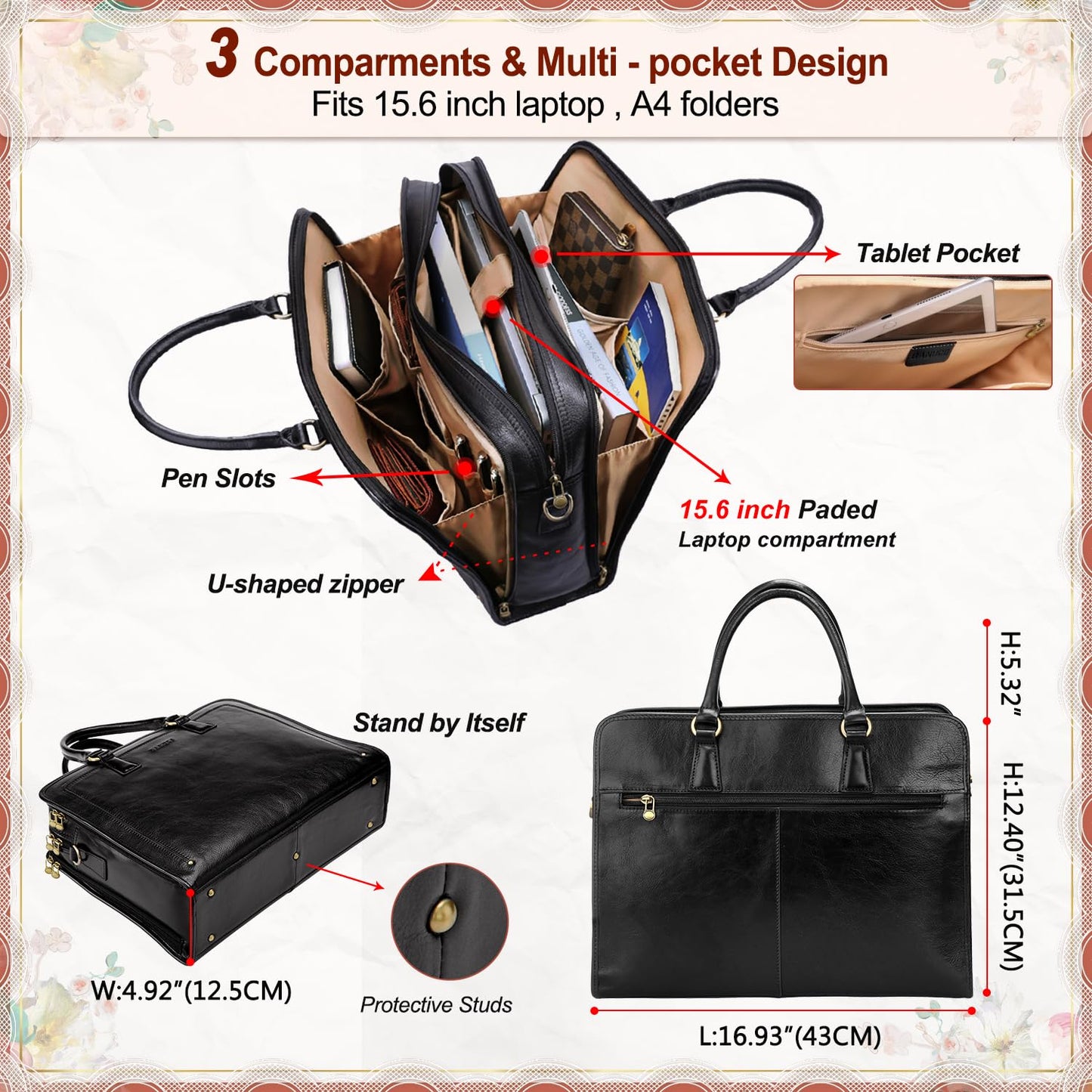 Premium Italian Full Grain Leather Briefcase for Women 15.6 Inch Laptop Bag Office Work Business Travel with Luggage Strap and Detachable Shoulder Strap Black
