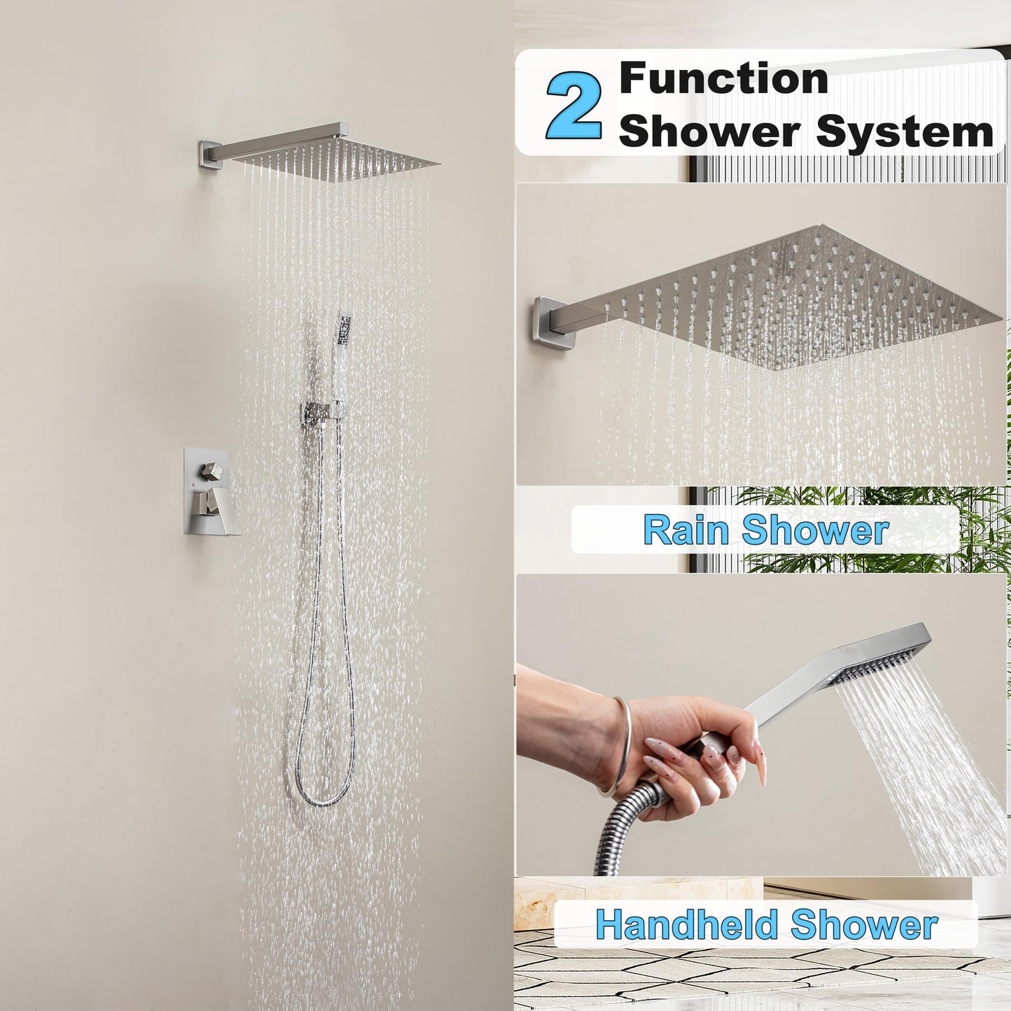 Fatspas Luxury Rain Shower System with 10 Inch High Pressure Showerhead and Handheld Combo, Brushed Nickel Shower Faucet Set with Pressure Balance Valve, Wall Mounted 2-Way Shower Trim Kit