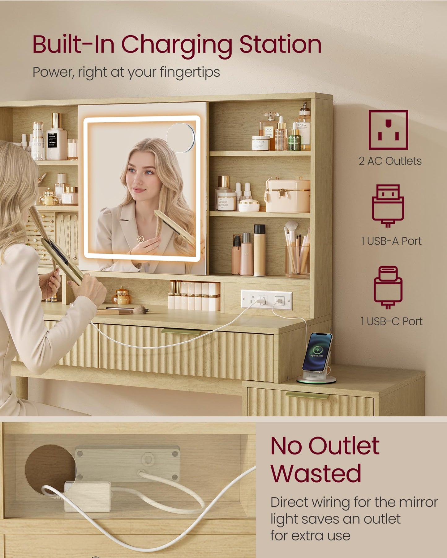 VASAGLE MAXE Collection - Vanity Desk with Sliding Mirror and Lights, Mid Century Modern Fluted Makeup Vanity with 10x Magnifying Mirror, Charging Station, Jewelry Storage, Oak Beige URDT139YC01S