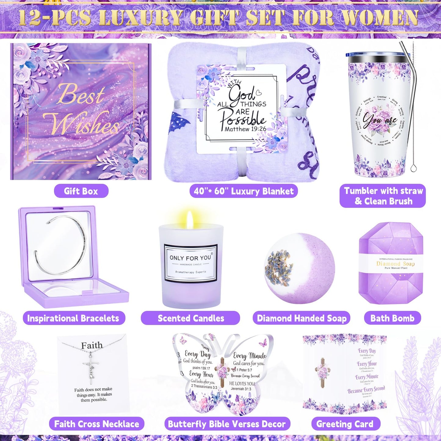 12PCS Christian Gifts for Women Faith, Inspirational Gifts for Women, Religious Catholic Gifts Basket,Purple Birthday Get Well Soon Gifts, for Mom Her Wife Girlfriend Friend Sister