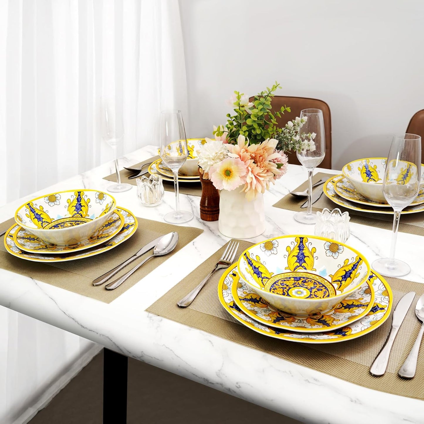 TP 12-Piece Dinnerware Set, Melamine Dishes Set with Bowls and Plates, Non-breakable and Lightweight Dinner Service for 4, Luxury Yellow