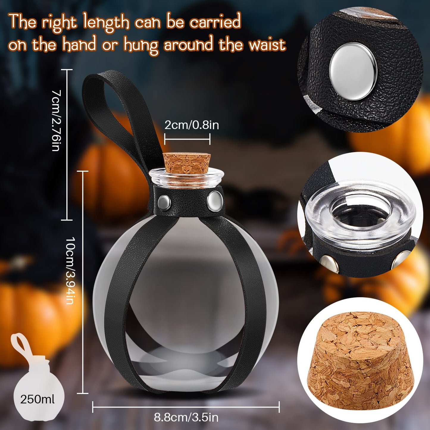Patelai 2 Pcs Glass Potion Bottles Belt with Cork Renaissance Witch Costume Accessories Witch Props Spherical Potion Bottle for Cosplay Party DIY Crafts Halloween Decoration(Black)