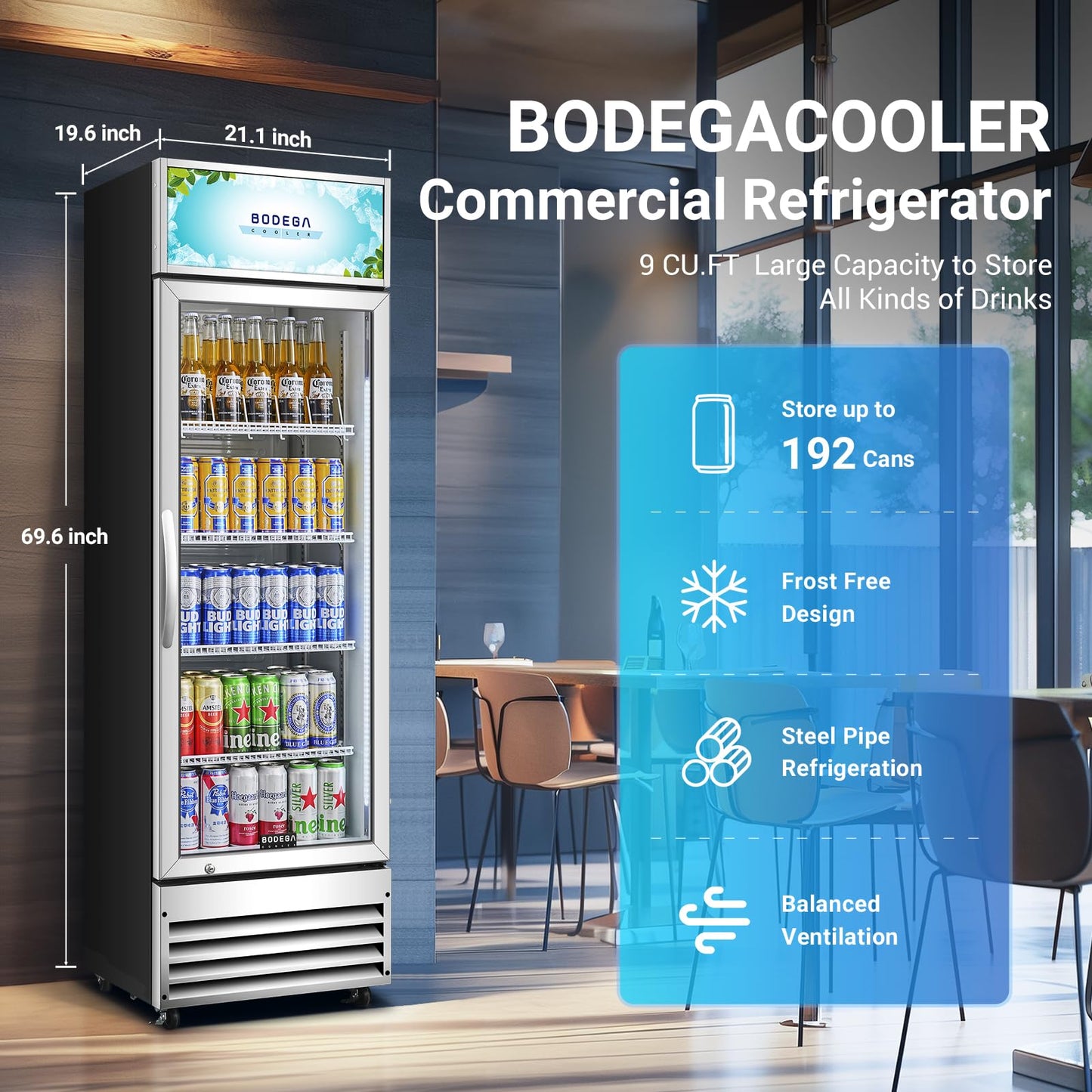 BODEGACOOLER Commercial Merchandiser Refrigerator, 9 Cu.Ft Glass Door Beverage Refrigerator, Upright Beverage Display Cooler with Soft LED Light, Adjustable Shelves, 4 Strong Castors(Stainless Steel)