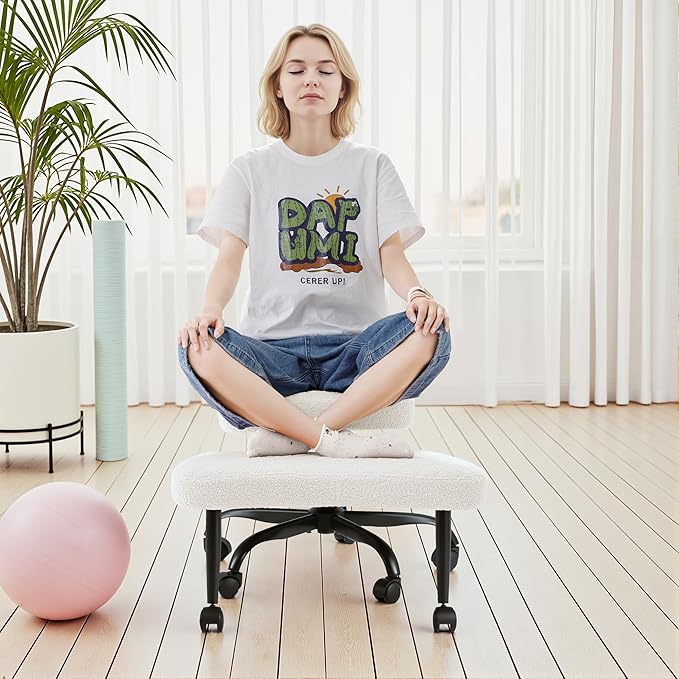 GUNJI Ergonomic Criss Cross Legged Office Chair, 360° Swivel Meditation Kneeling Chair with Wheels, ADHD Chair with Footrest, Lumbar Support, Wider Height Adjustable Seat (Teddy Fleece, White)