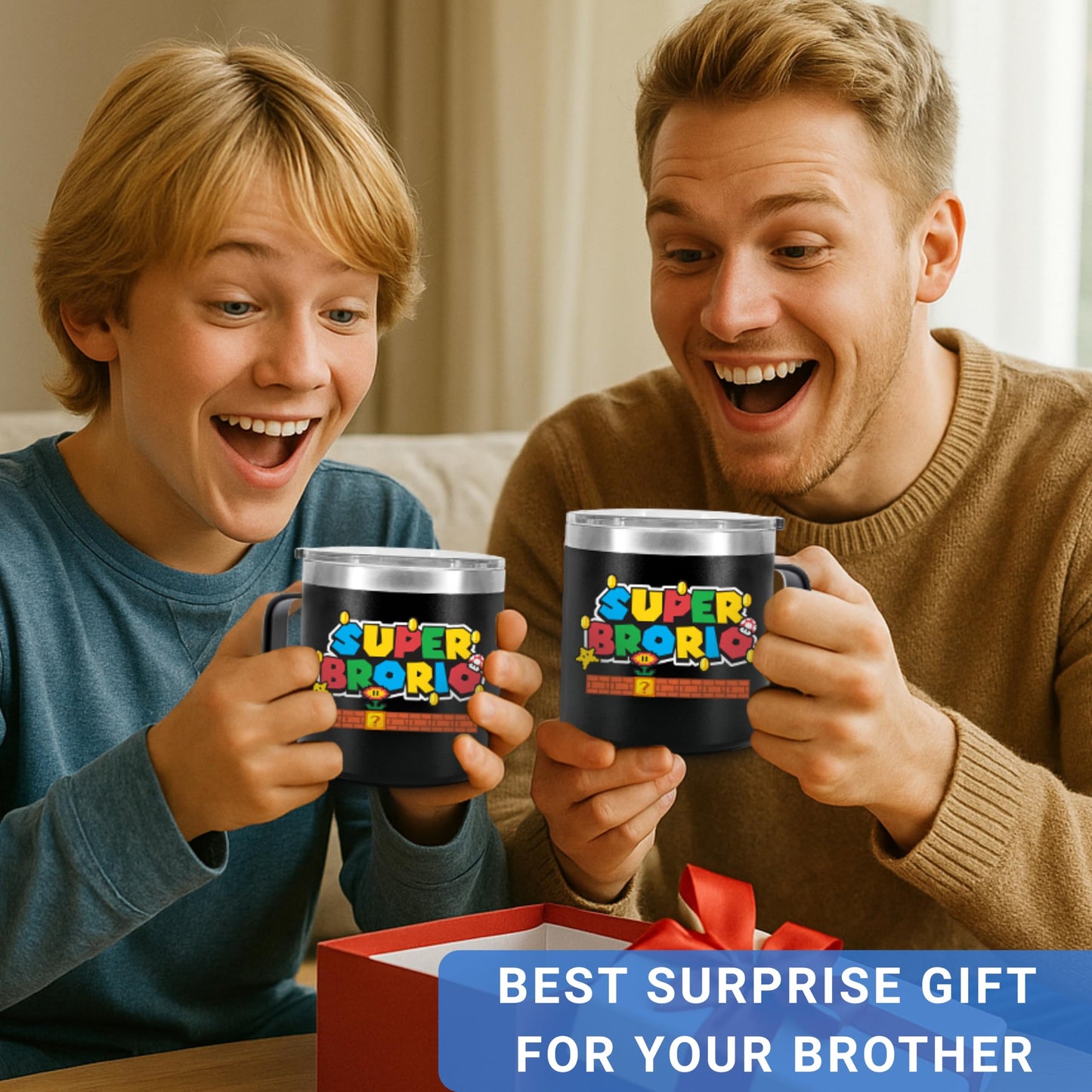 CHUSUKASU Gifts for Brother from Sister, Funny Birthday Present, Big Brother Gifts for Boy, Cool Ideas for Adult Older Bros, Super Brorio Mug Tumbler 14Oz - Insulated Coffee Cup with Lid and Gift Box