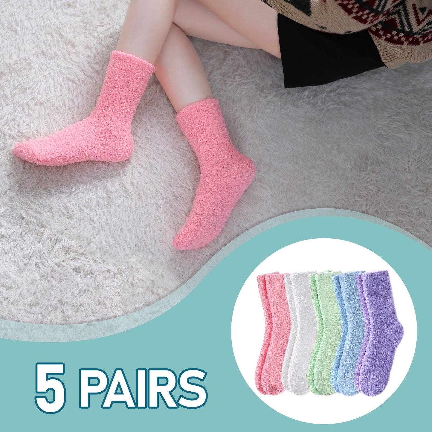 FANZERO Fuzzy Socks for Women Cozy Fluffy Slipper Socks Soft Warm Winter Fleece Plush Sleeping Gift Socks 5 Pairs Rainbow A