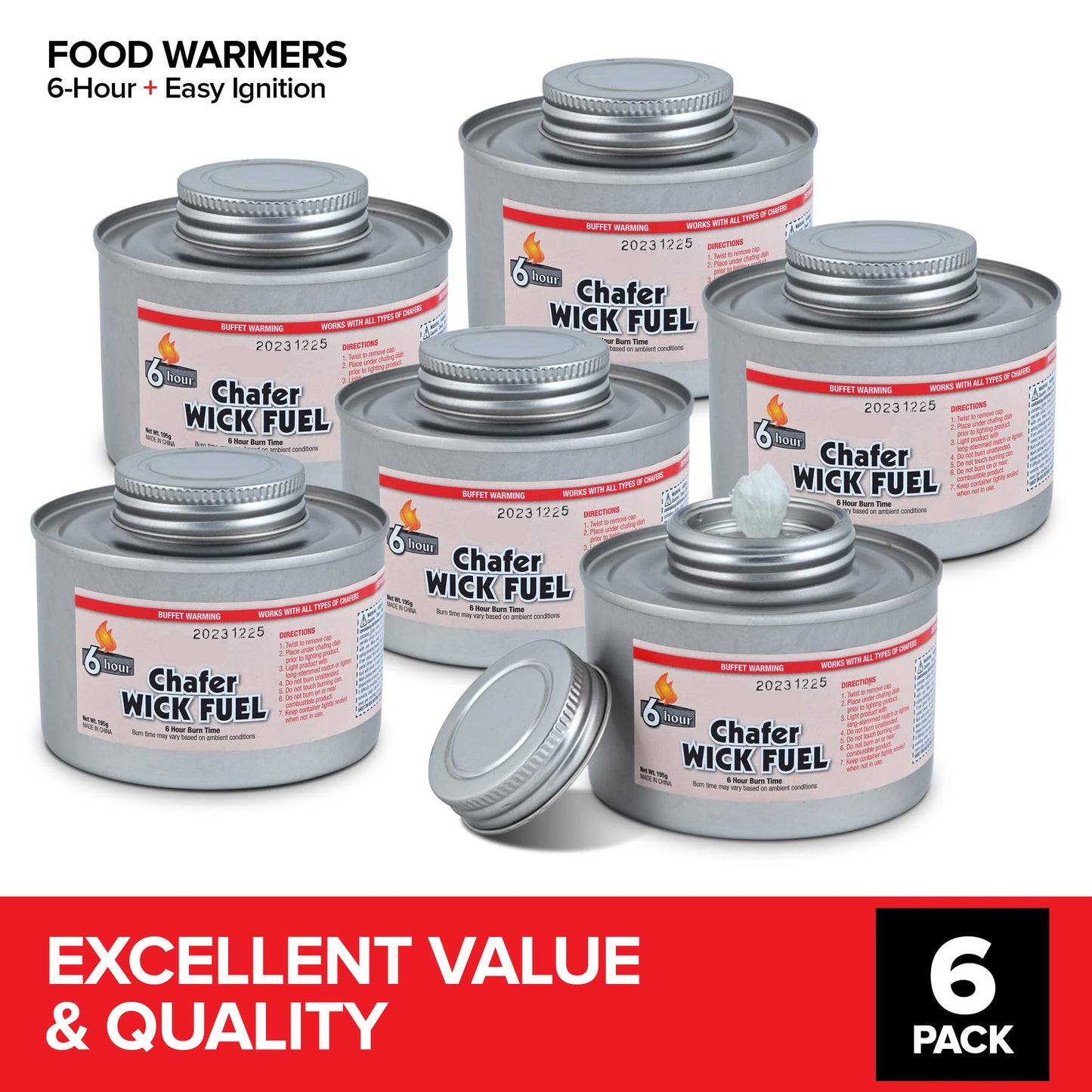 6-Hour Food Warmers for Parties (6 Pack), Chafing Fuel Cans with Wick and Safety Twist Cap, Catering Food Warmers for Buffets, Parties, Weddings, Long Lasting Burners for Food Warmer, Food Heater