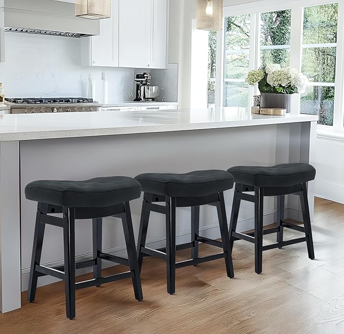 RNKSFX Counter Height Black Bar Stools Set of 6 for Kitchen Counter, Backless Farmhouse Kitchen Island Barstools with Upholstered Faux Leather Saddle Seat and Solid Wood Legs Modern 24 inch Bar Chairs