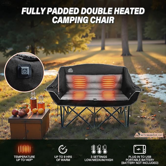 LANMOUNTAIN Heated Double Camping Chairs,3 Heat Levels Padded Portable Loveseat w/Wine Glass Holder,Cup Holder,Heating Outdoor Camp Couch Support 600 Lbs,Black,Battery NOT Included