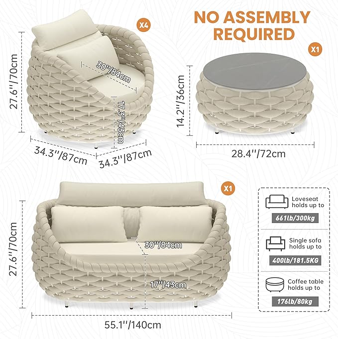 Erotr Sunroom Furniture Sets: 6 Pieces Aluminum Woven Rope Patio Conversation Sofa Set Cushioned - Modern Outdoor Couch Set No Assembly - Armchair Set Porch Deck Garden Poolside Gazebo Hotel - Beige