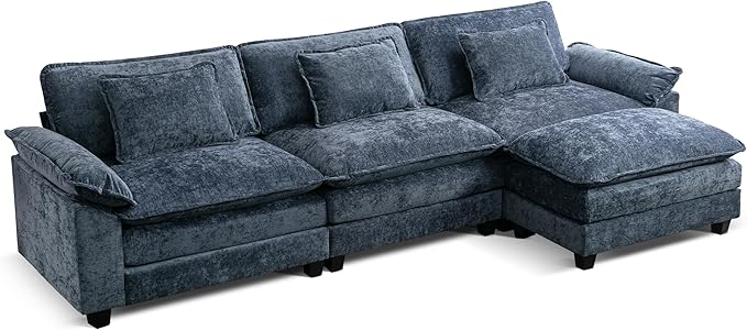 URRED Cloud Couch Modular Sectional Sofa, 122'' Modern L Shaped Deep Seat Sofa with Ottoman & Pillows, Ultra Comfy Chenille Couches for Living Room, Bedroom or Apartment, Blue