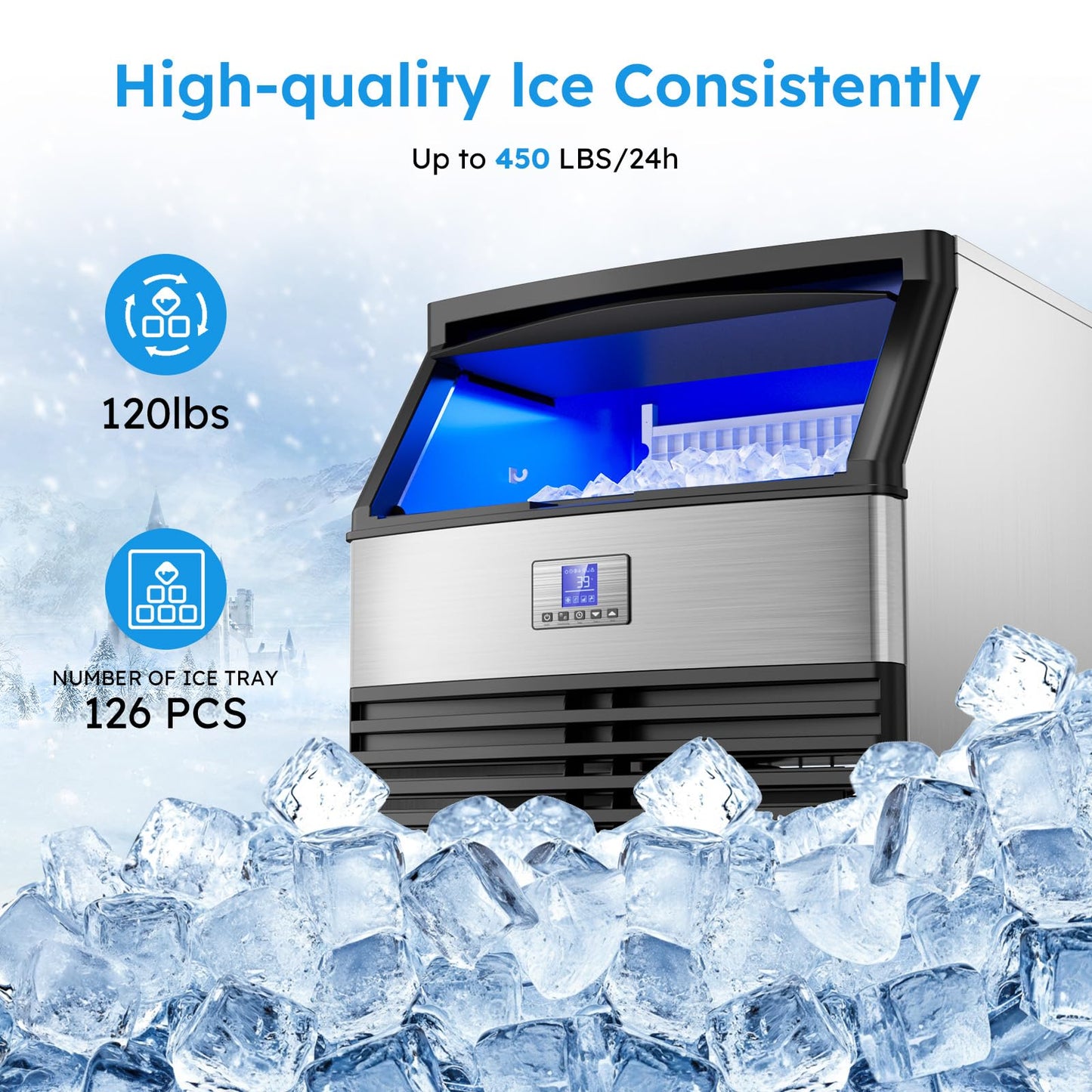 Commercial Ice Maker Machine 450LBS/24H, Under Counter Ice Machine, Upgrade Compressor 120LBS Storage Bin, Stainless Freestanding Commercial Ice Maker for Home Bar Cafe Office