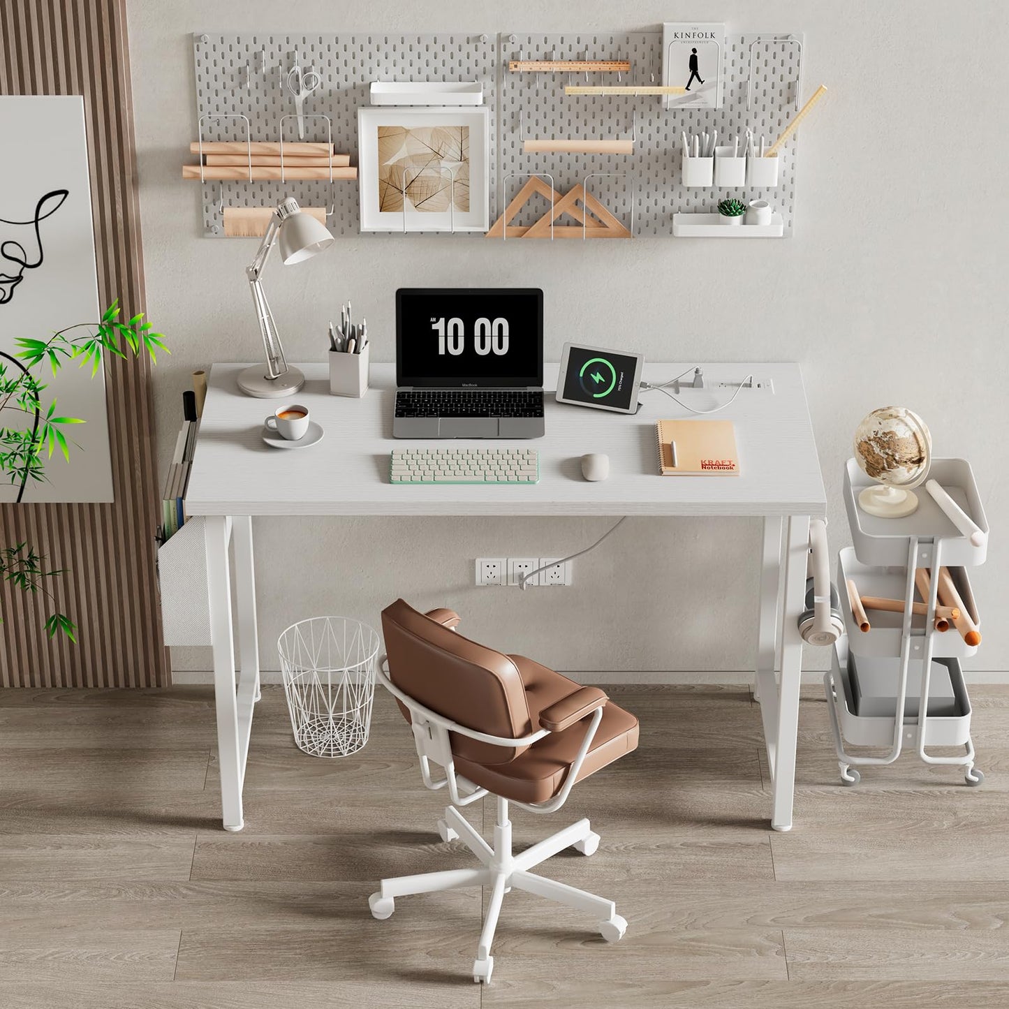 Lufeiya White Computer Desk with Power Outlet, 40 inch Simple Teen Study Table Home Office Work Writing Desks with Charging Station Outlets USB Port Built in, Storage Pocket,White