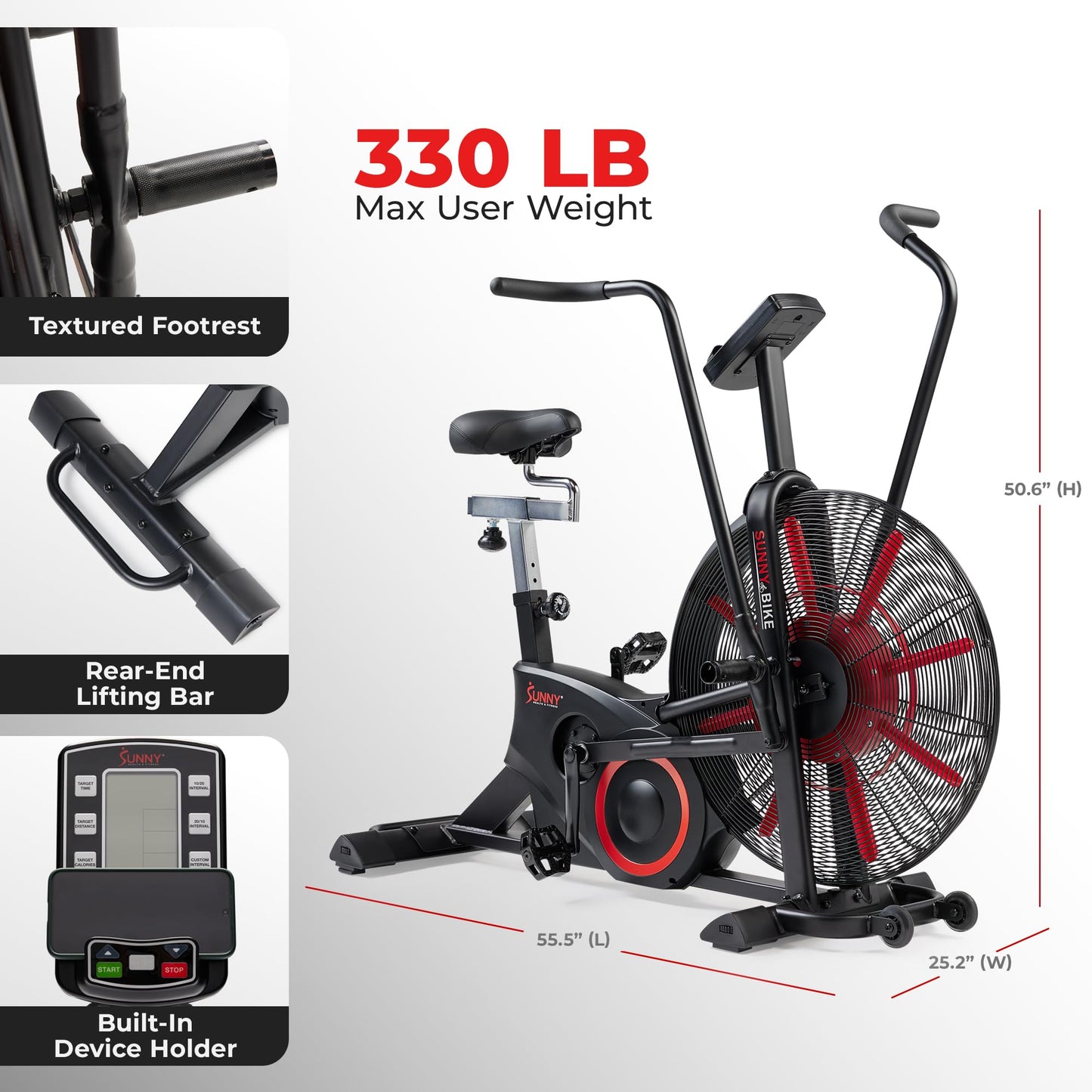 Sunny Health & Fitness Premium Smart Cross Trainer Fan Bike, Air Resistance Cardio Machine with 330LB Capacity for Intense Home Workout , Customizable Monitor with Free SunnyFit App Connection- SF-B223018