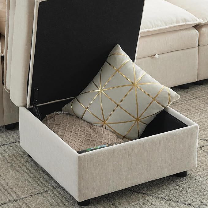 Abbrevi 27" Large Square Ottoman with Storage, Modern Upholstered Footrest with Anti-Slip Legs for Couch Coffee Table Living Room, Bedroom, Entryway, Chenille Beige