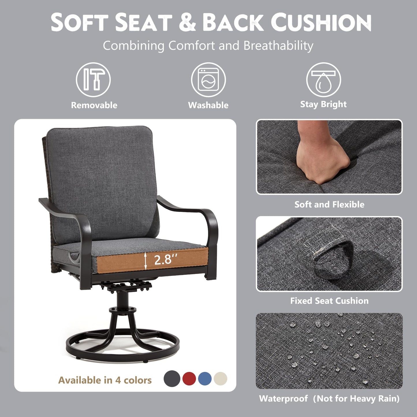 MELLCOM Patio Swivel Chair Set of 2, Outdoor Dining Chairs with Thickened Cushions, Wicker Chairs with Gentle Rocker for Porch, Garden, Backyard, Poolside, Deck, Grey