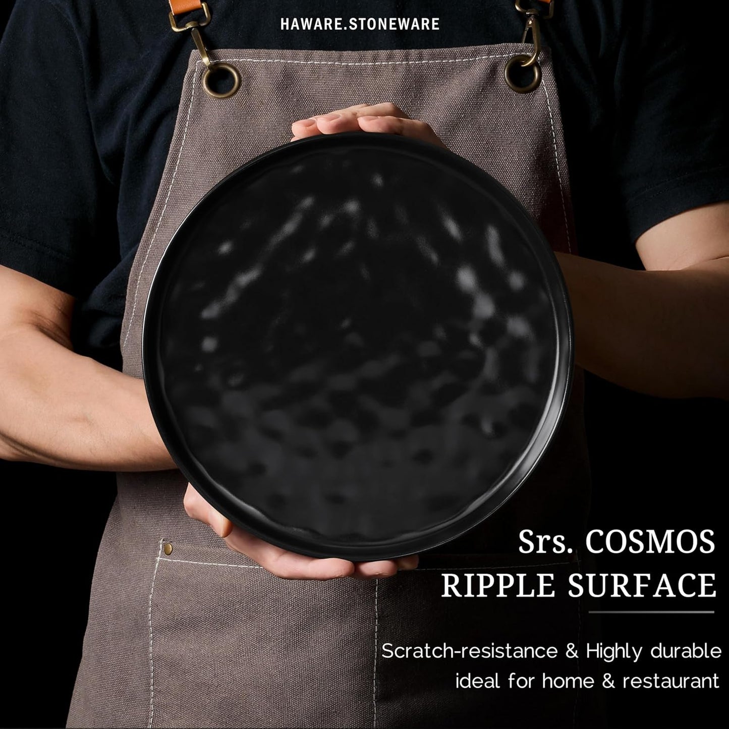 HaWare Stoneware Dinner Plates Set of 6, 10" Heavy Duty Ceramic Plate, Reactive Glaze Ripple Dinnerware for Home Restaurant, Chip and Scratch Resistant, Microwave and Dishwasher Safe, Matte Black
