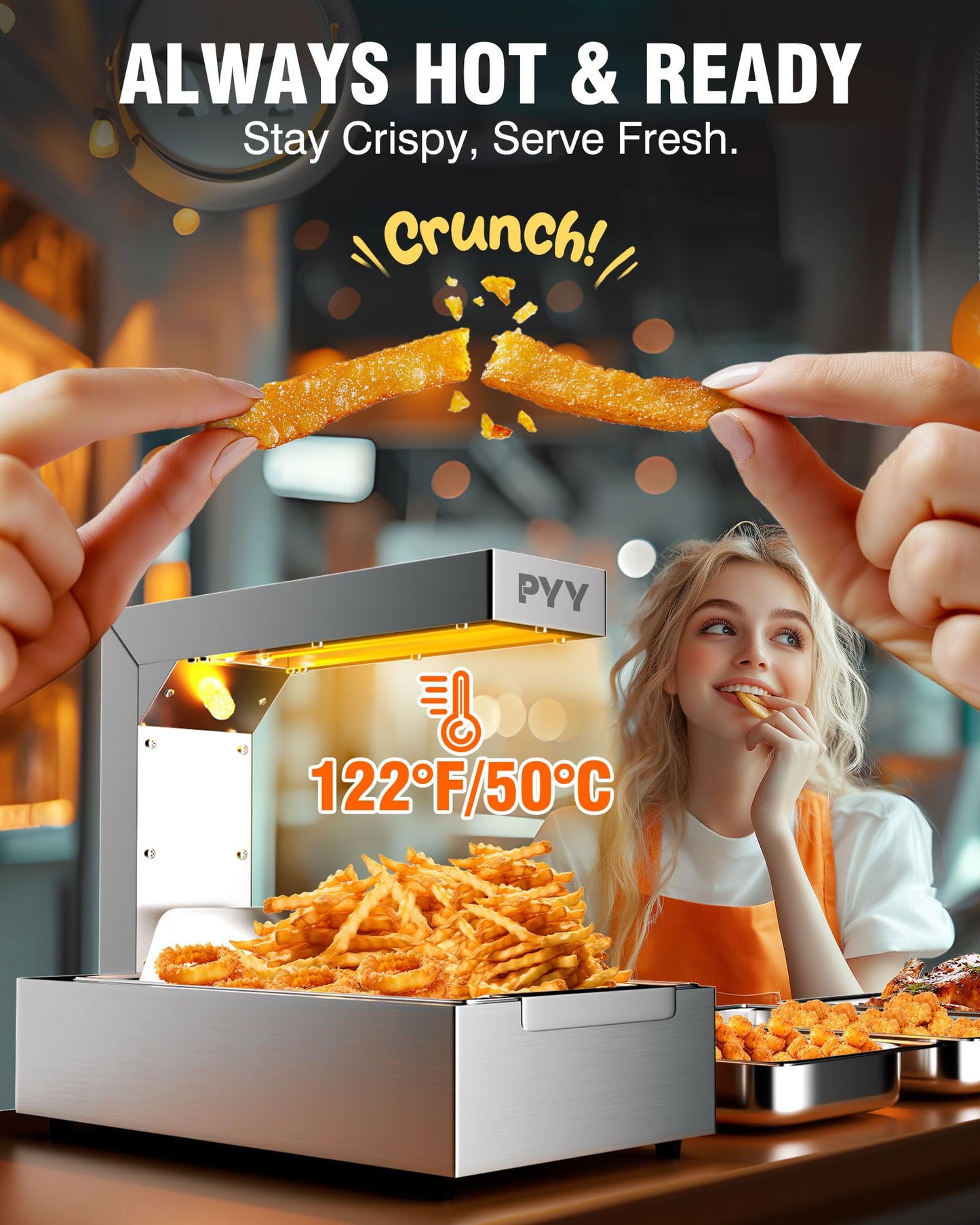 PYY French Fry Warmer - Commercial Food Heat Lamp Food Warmer Light 122°F Free-Standing Warming Fry Dump Station Countertop Fries Warmer Commercial Food Warmer for Chips Churros Buffet Restaurant