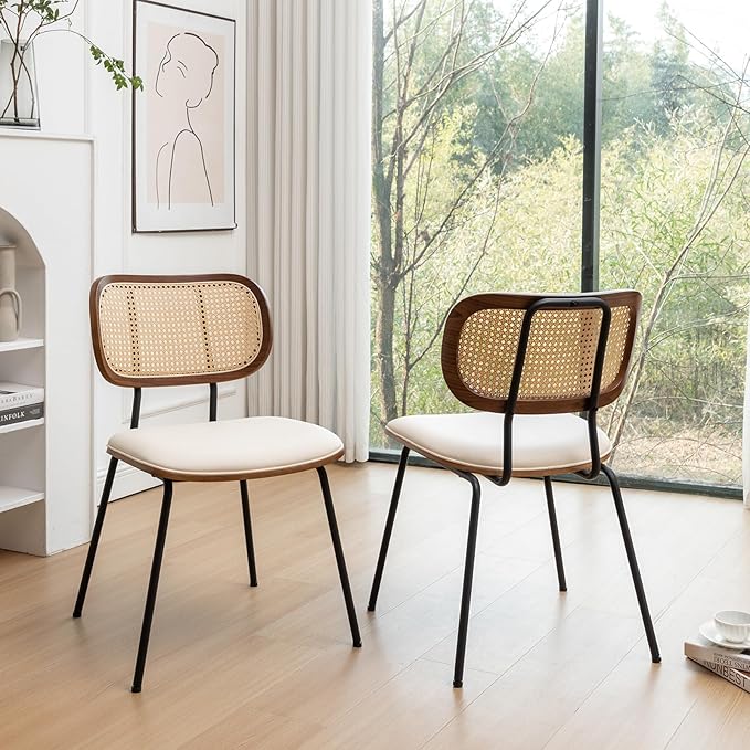 HOCEWI Rattan Dining Chairs Set of 2, Mid Century Modern Dining Chairs with Cane Back for Kitchen Dining Room, 19 Inch Faux Leather Beige