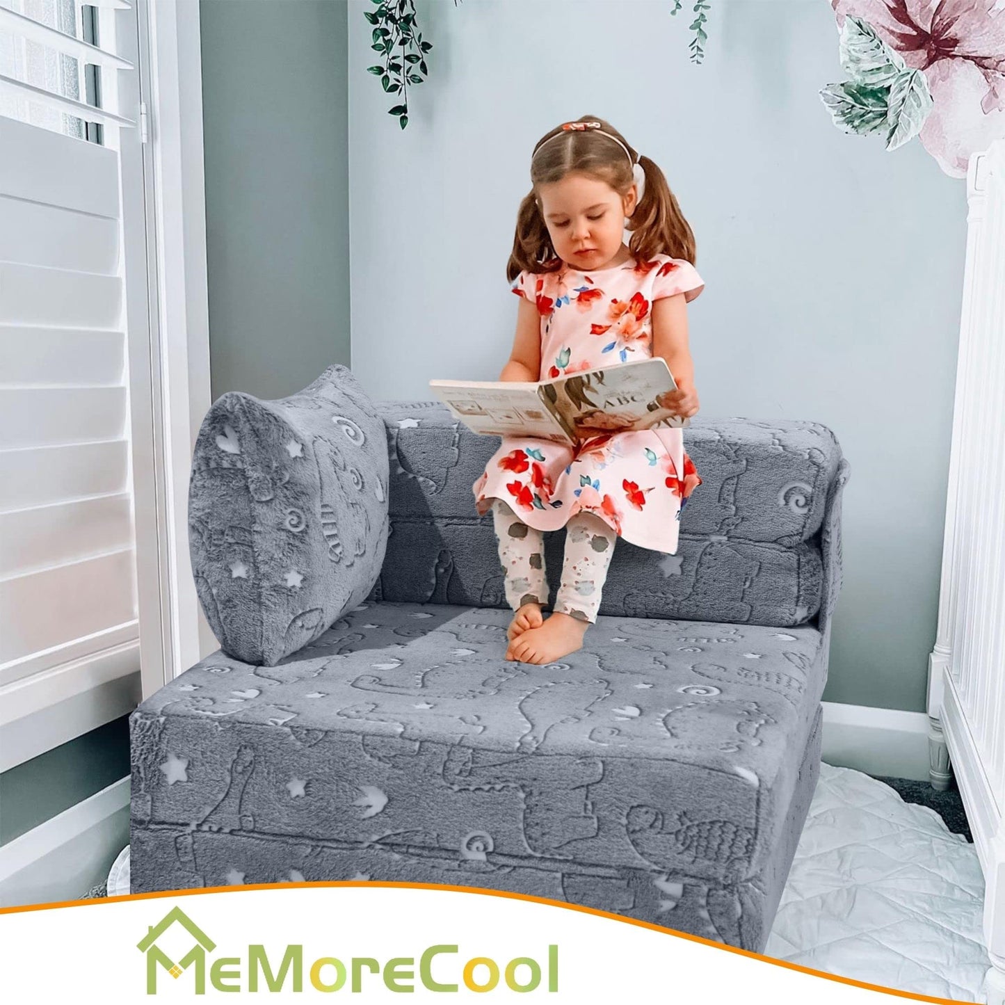 MeMoreCool Kids Floor Mattress Glow in The Dark, Convertible Sofa Couch, Folding Futon Chair Bed Sleeper for Baby Playroom (Glowing Dinosaur)