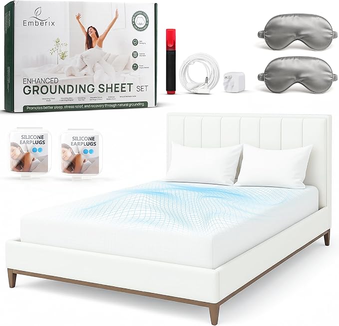 Emberix Grounding Sheets Queen Size, 12% Pure Silver Fiber Earthing Bed Sheet, 88% Cotton Naturally Soft & Cooling, Grounded Bed Sheets with Eye Masks & Ear Plugs for Rest & Wellness (White)