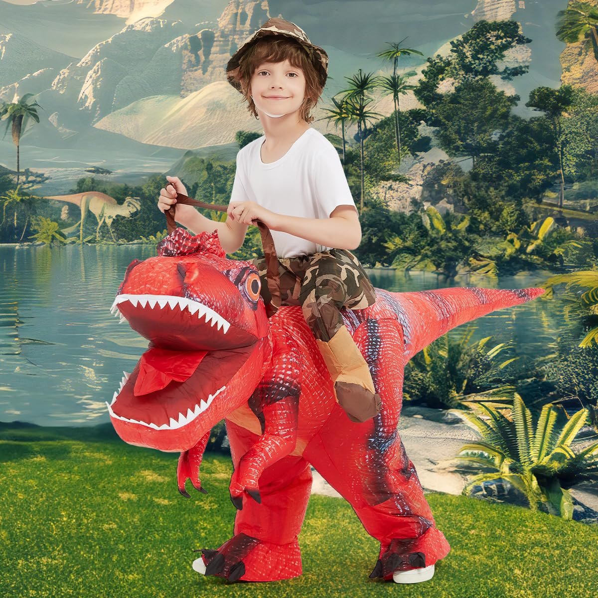 COMIN Inflatable Dinosaur Costume Kids, Red T Rex Dinosaur Blow Up Costume Riding on Dino Halloween Costumes Funny for Family Party 48"