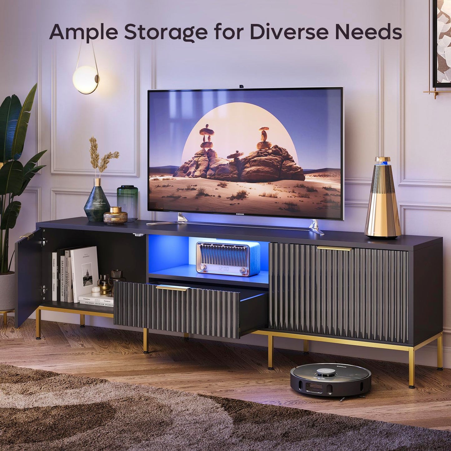 Bestier 70” Fluted TV Stand with LED Lights, Black TV Stand for TVs Up to 80", Modern Entertainment Center with Storage, TV Console, Media Console for Living Room Bedroom