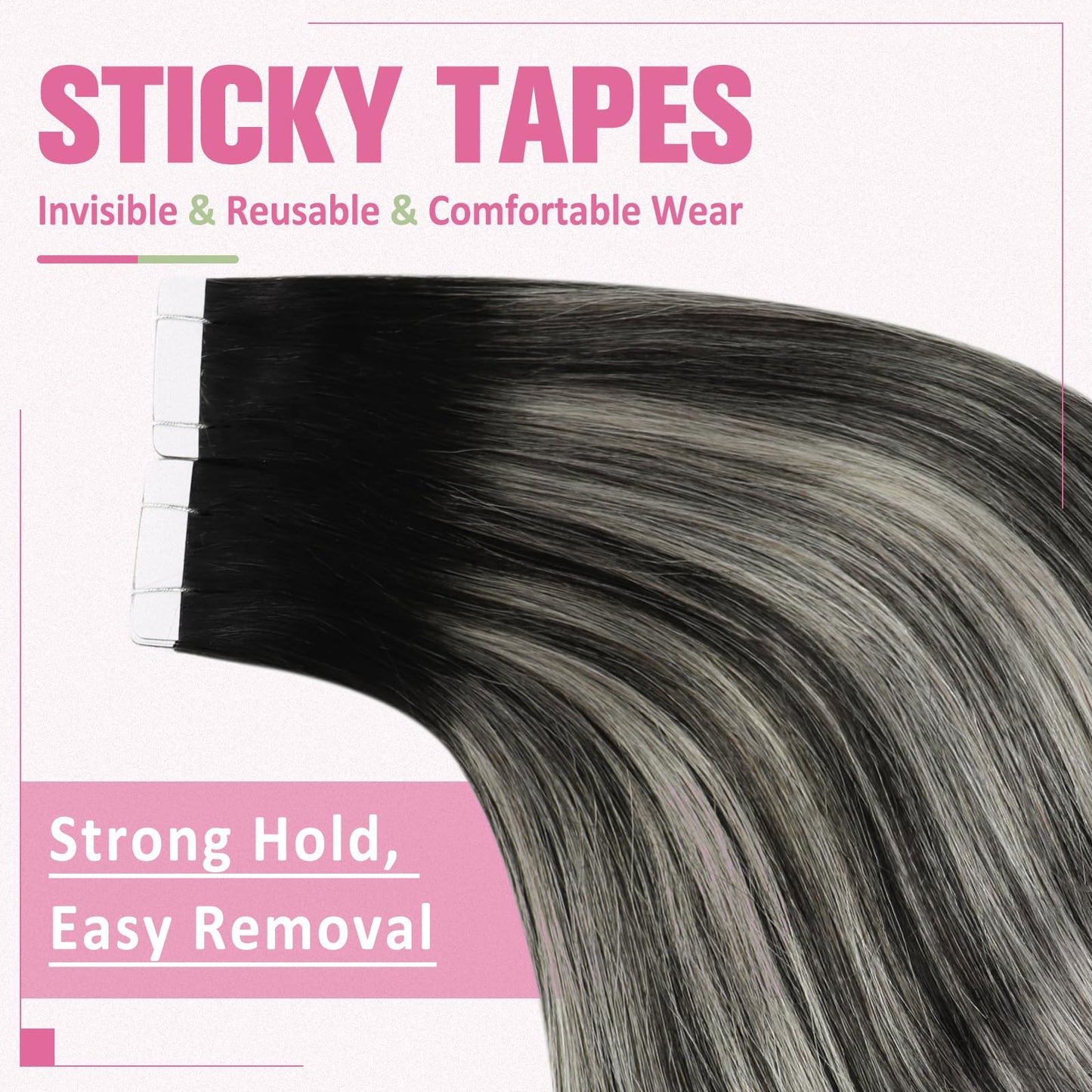 YoungSee Tape in Extensions Human Hair Black Ombre Invisible Tape in Hair Extensions Ombre Black to Silver Tape ins Hair Extensi