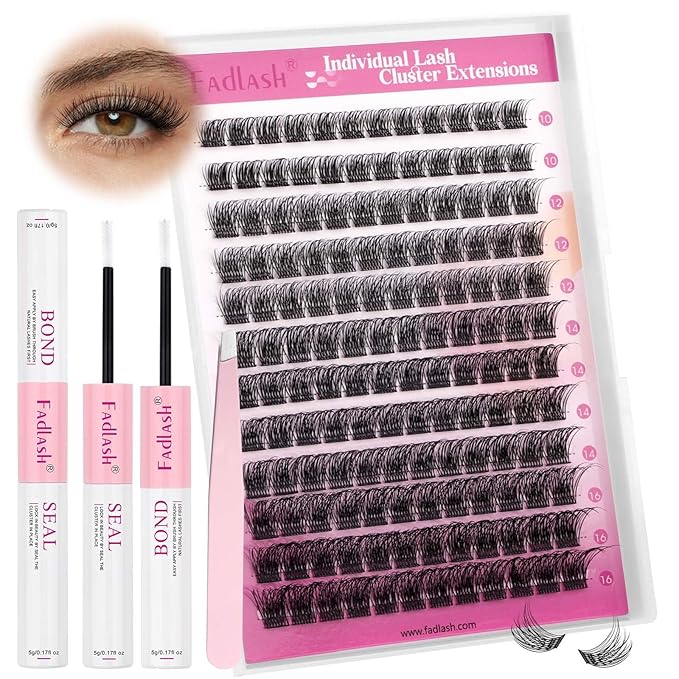 FADLASH Lash Clusters Kit 10-16mm Eyelash Cluster Lashes with Lash Bond and Seal Lash Tweezers DIY Lash Extension Kit (J03-07D-10-16 Kit)