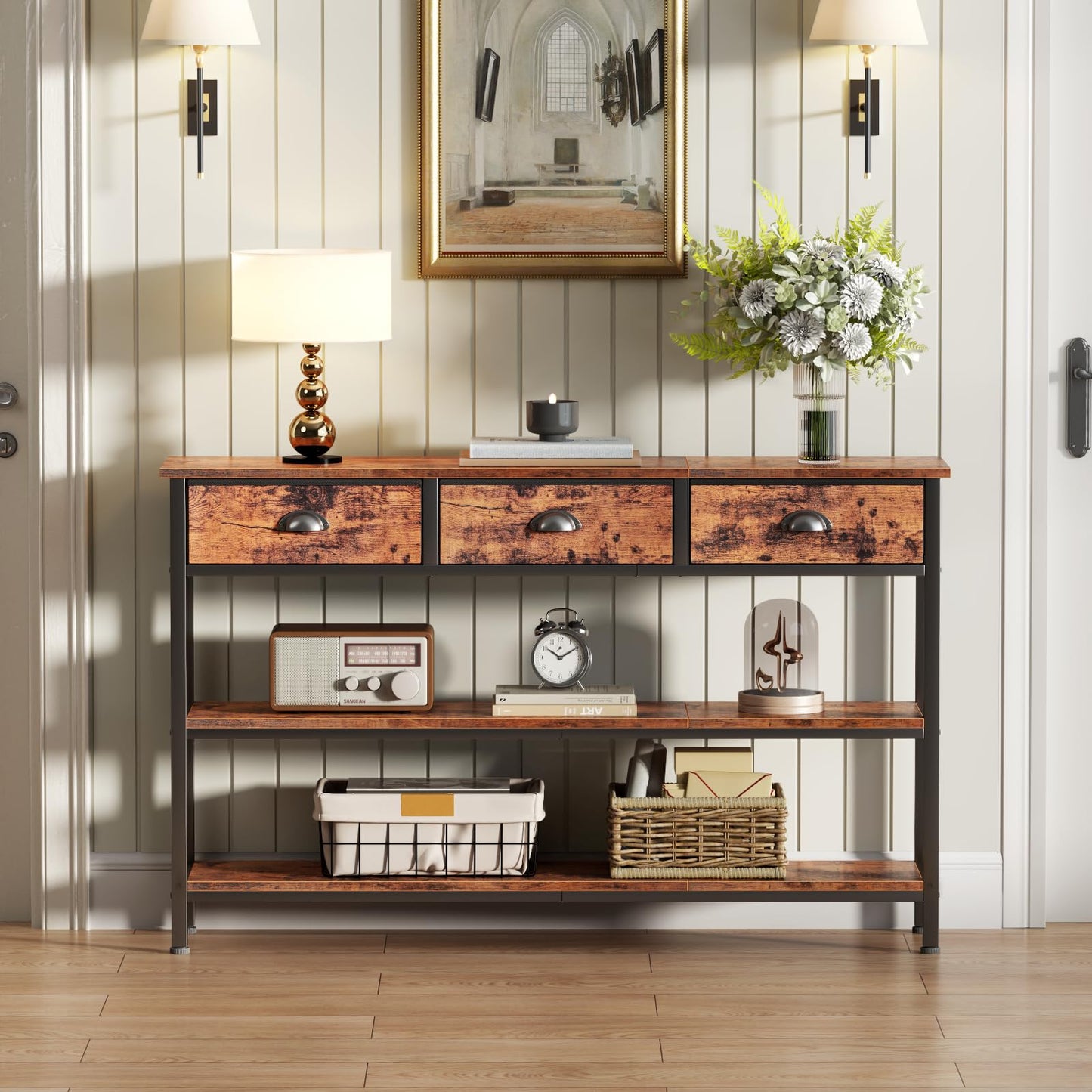 Furologee Long 47" Console Sofa Table with 3 Drawers, Entryway Table with 3-Tier Storage Shelves, Industrial Display Shelf for Entry Way, Hallway, Couch, Living Room, Kitchen, Foyer, Rustic Brown