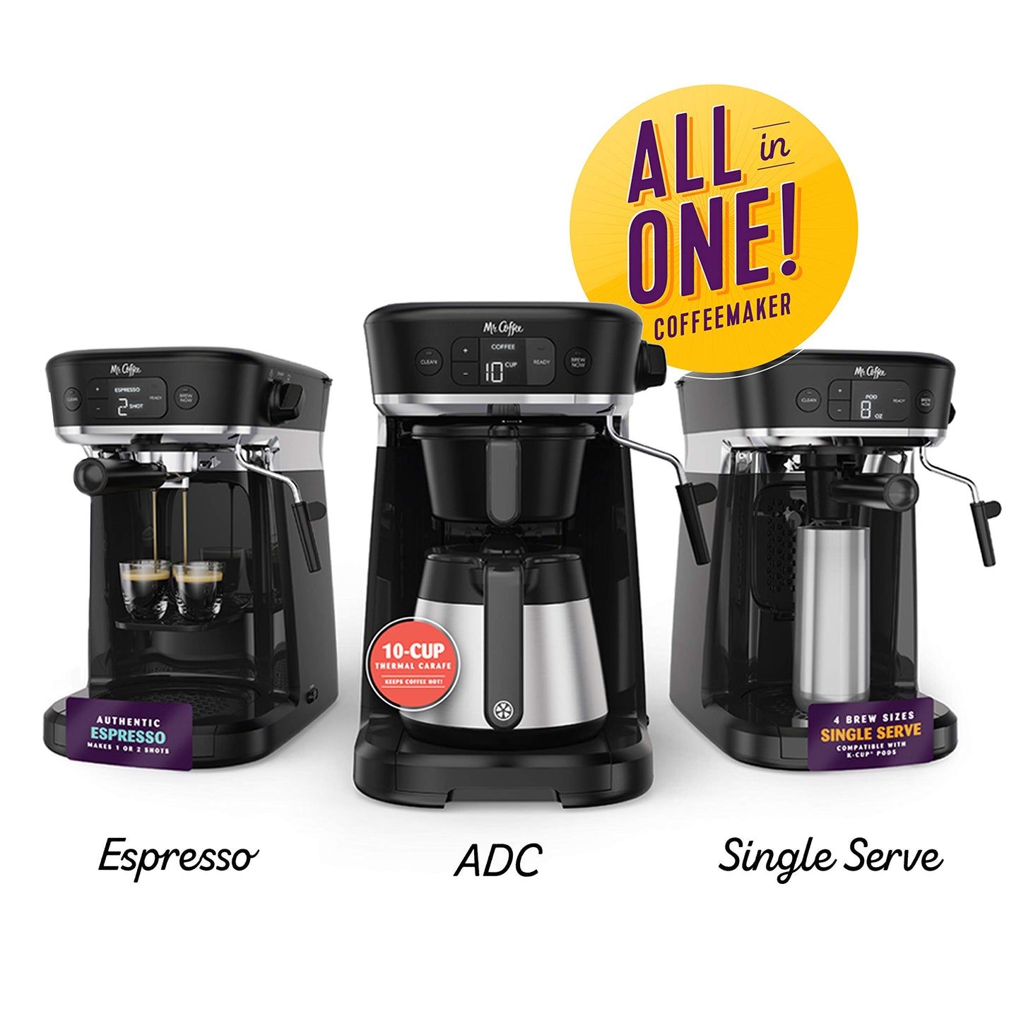 Mr. Coffee All-in-One Occasions Specialty Pods Coffee Maker, 10-Cup Thermal Carafe, and Espresso with Milk Frother and Storage Tray, Black