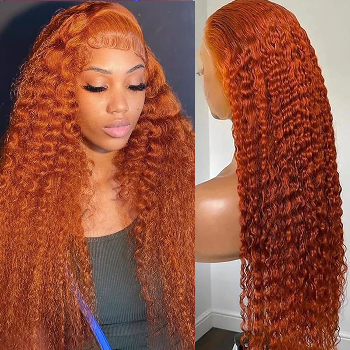13x6 Ginger Orange Lace Front Wigs Human Hair Pre Plucked Ginger Wig Human Hair 350 Color Wet and Wavy Deep Curly Wig 180% Densi