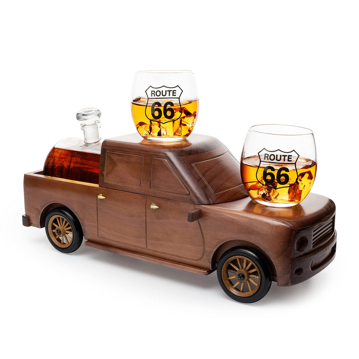 Pickup Truck Wine & Whiskey Decanter Set 500 ml & Two 12 Oz Route 66 Glasses - Gifts for Him, Dad Driver Trucker Gifts, Truck, Whiskey Gifts for Men, Personalized Gifts for Men