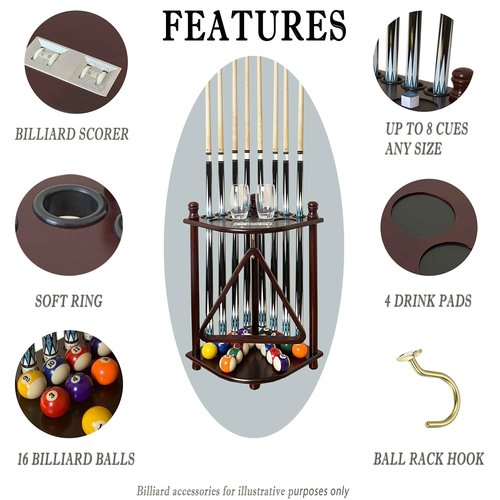 GACCO BILLIARDS Floor Standing Pool Cue Rack Hold 8 Cue Sticks & Pool Table Accessories, Wooden Pool Stick Holder, Corner Pool Cue Holder with Ball Rack Hook & Scorers (Mahogany)