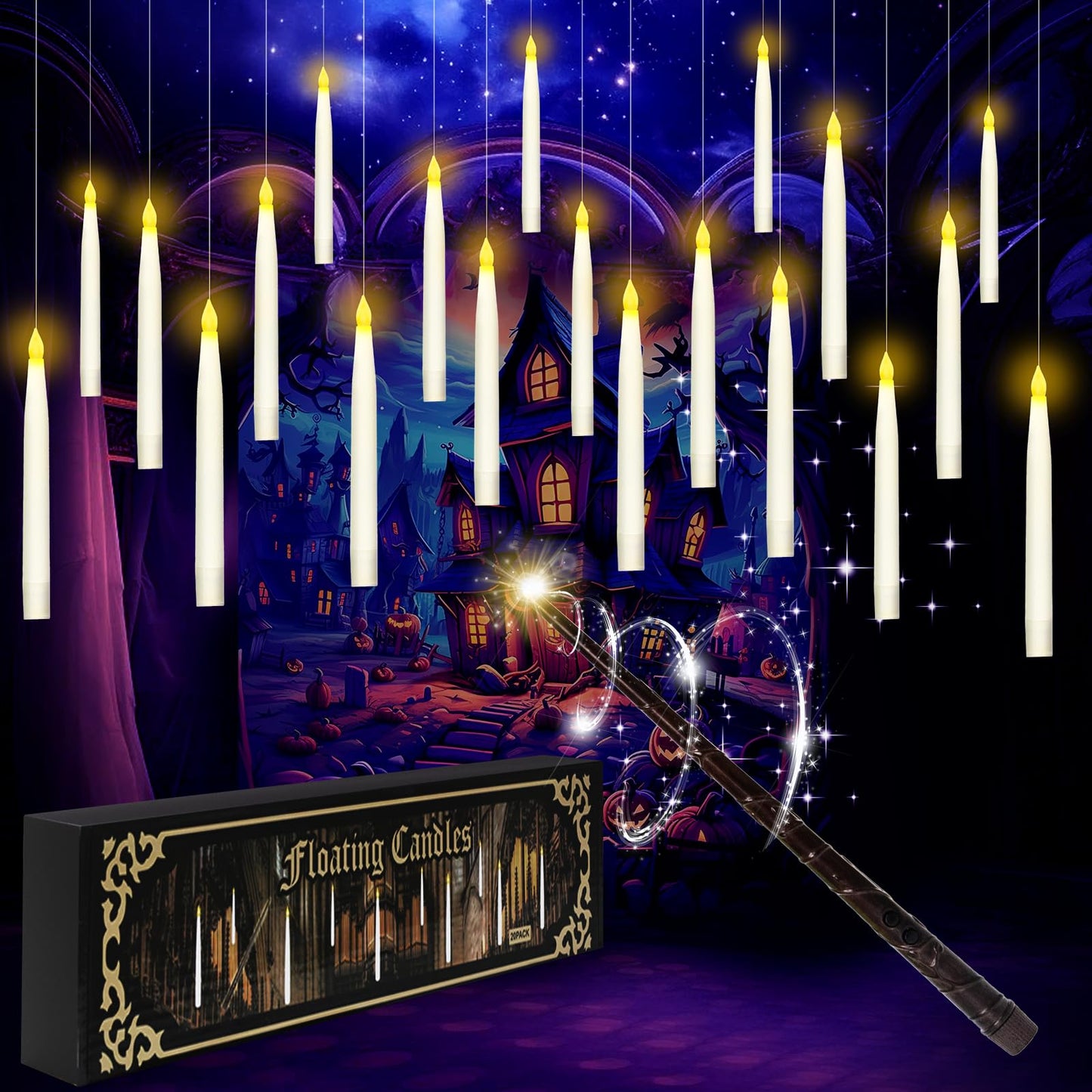 Dukelai Floating Candles with Wand Remote, 20 Pcs Magic Hanging Warmer Light Flameless LED Taper Candles for Halloween Christmas