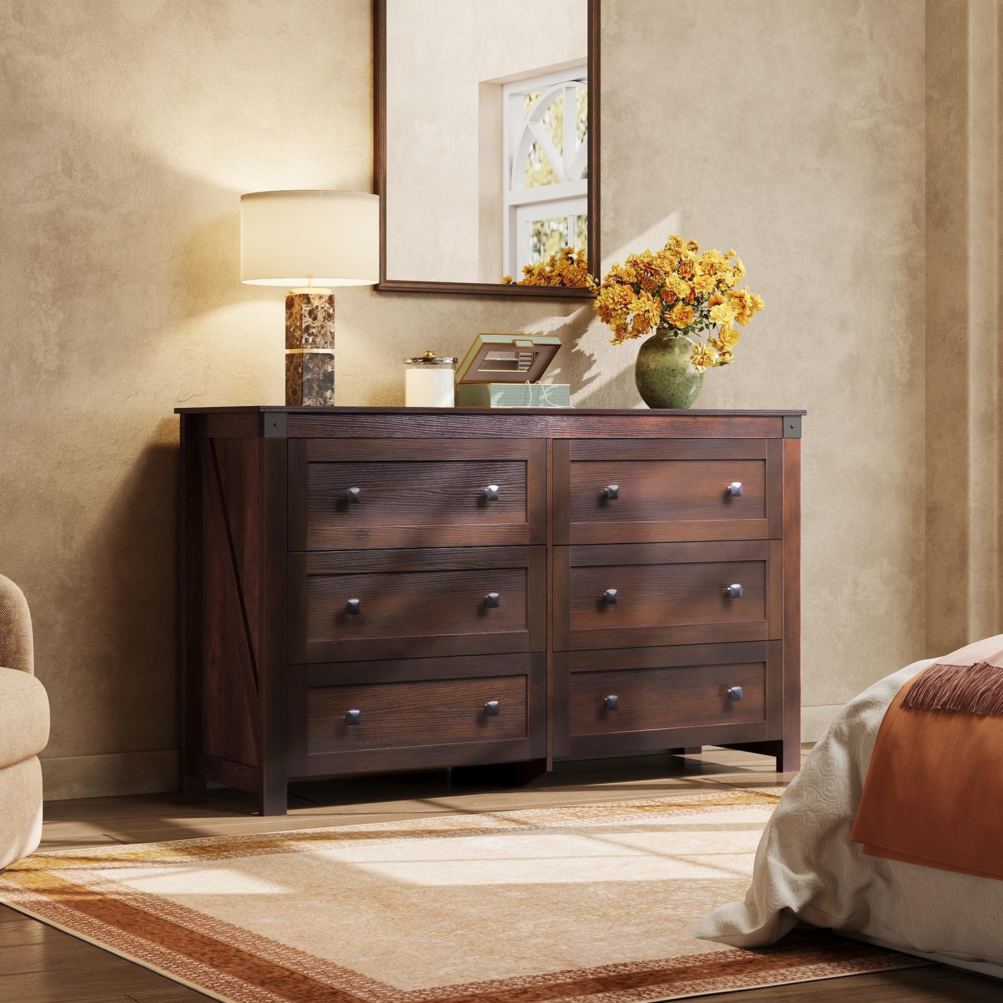 WLIVE Farmhouse 6 Drawer Dresser for Bedroom, 53.07'' Wide Wood Dresser, Storage Organizer with Double Rustic Handle, TV Stand for 60 inch TV, Chest of Drawers for Living Room, Hallway, Brown