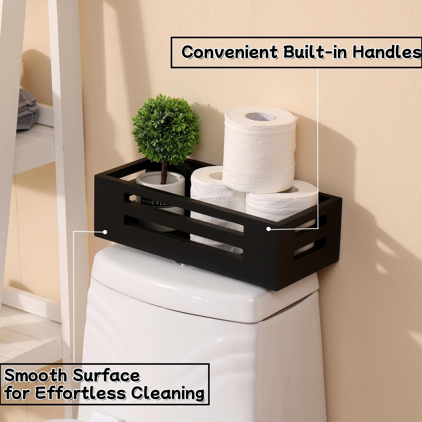 Black Decor Box Wooden Toilet Tank Paper Basket with Handles for Organizing,Bathroom Decor Box for Toilet Paper Storage
