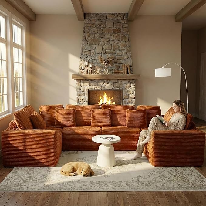 135.5" Cloud Sectional Couch,Boneless Corduroy Sofa for Living Room,Oversized U Shaped Sofa with Chaise,Deep Seat,No Assembly Required,Modular Sectional Sofa(Orange)