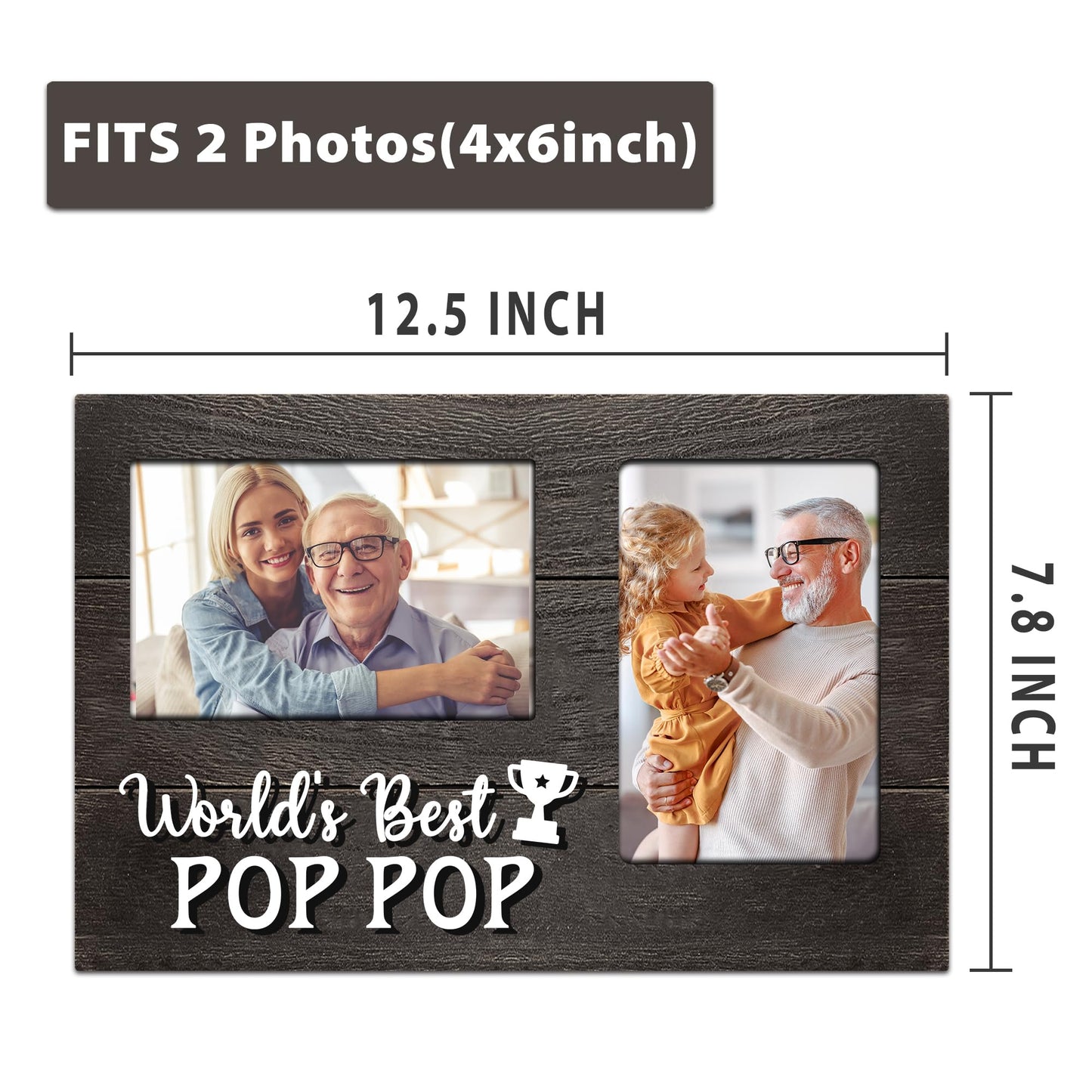 Fahters Day Pop Pop Gifts, Poppop Gifts from Grandson 3D Photo Frame Hold 4x6 Inches Two Photos, World's Best Pop Gift Gag Birthday Gift for Him from Granddaughter on Father's Day Grandparents Day