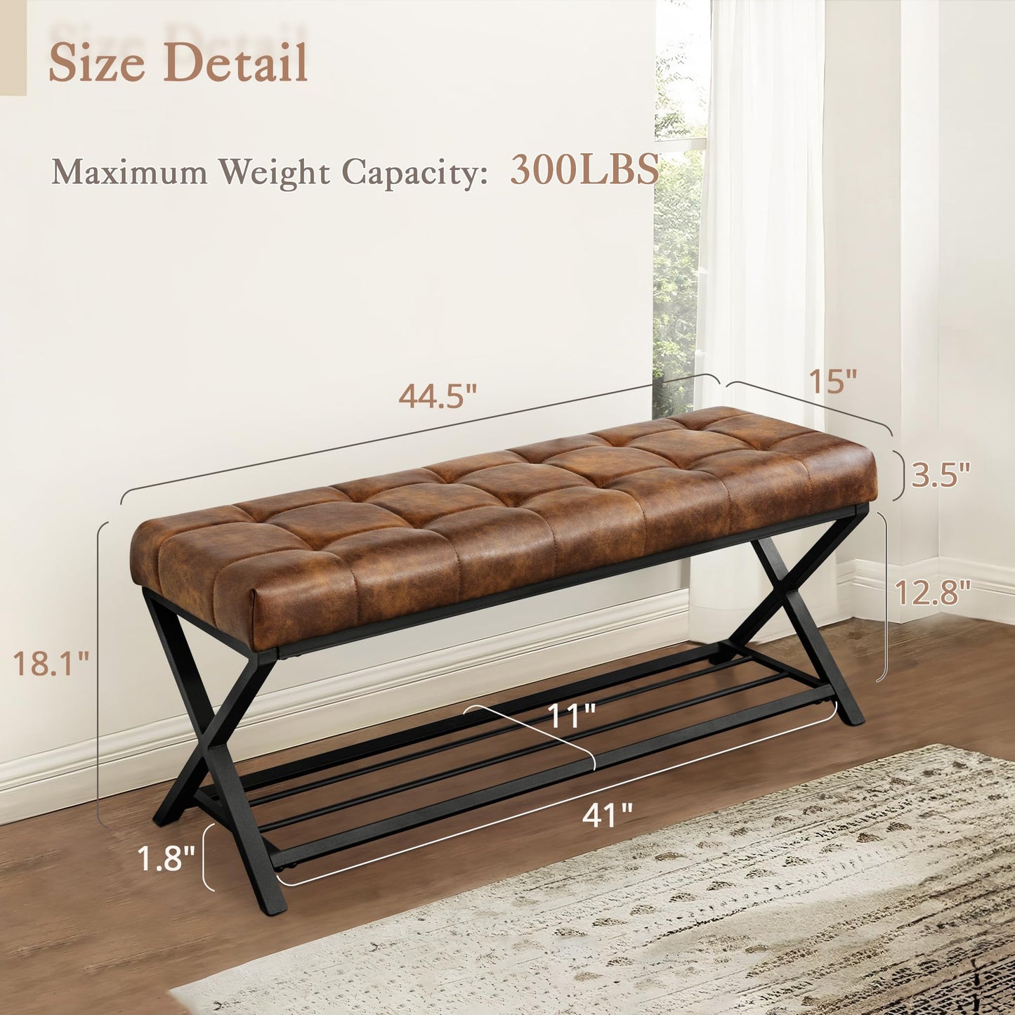 LUE BONA 44.5” End of Bed Bench with Shelf, Linen Tufted Upholstered Storage Shoe Bench, Modern Bedroom Bench with Metal Legs for Living Room, Entryway, Dining Room, 300 LB, Yellowish Brown