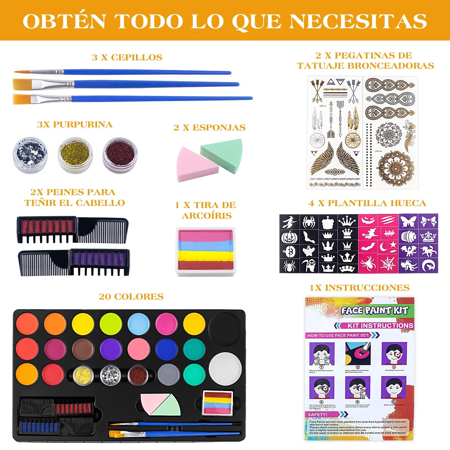 Face Painting Kit for Kids, 20 Colors Face Paint Kit With Brushes Stencils,Water Based Non-Toxic Hypoallergenic Professional Body Makeup Kit for Party Birthday Halloween