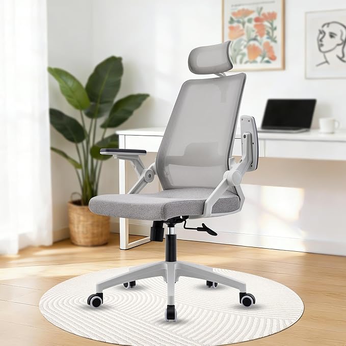 Msdizuo Ergonomic Office Computer Chair for All-Day Comfort, Dynamic Lumbar Support & Adjustable Headrest, 90° Swivel Flip-Up Arms Mesh Desk Chair - White, Tilt Lock, 350lbs