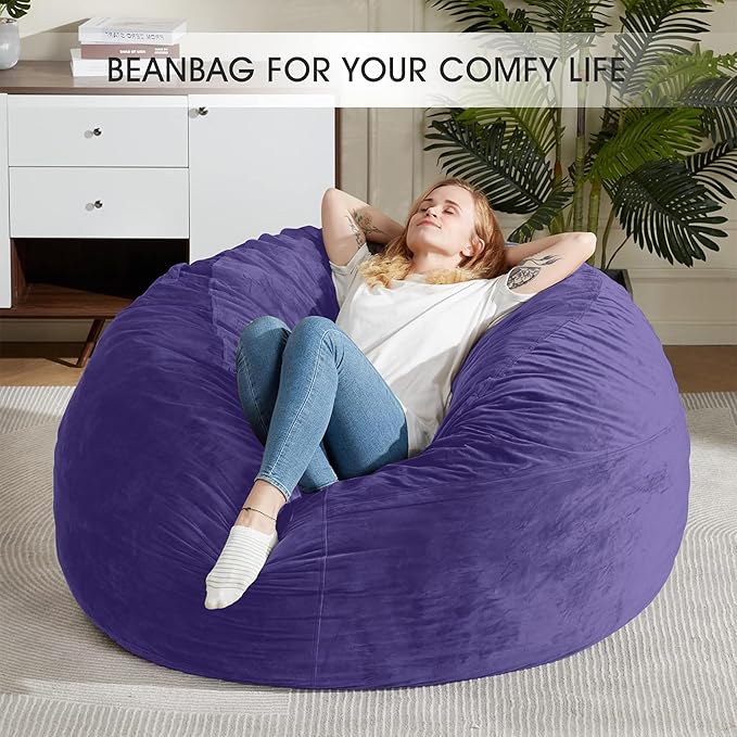 HABUTWAY Bean Bag Chair: Giant 5' Memory Foam Furniture Bean Bag Chairs for Adults with Microfiber Cover 5Ft (Purple)