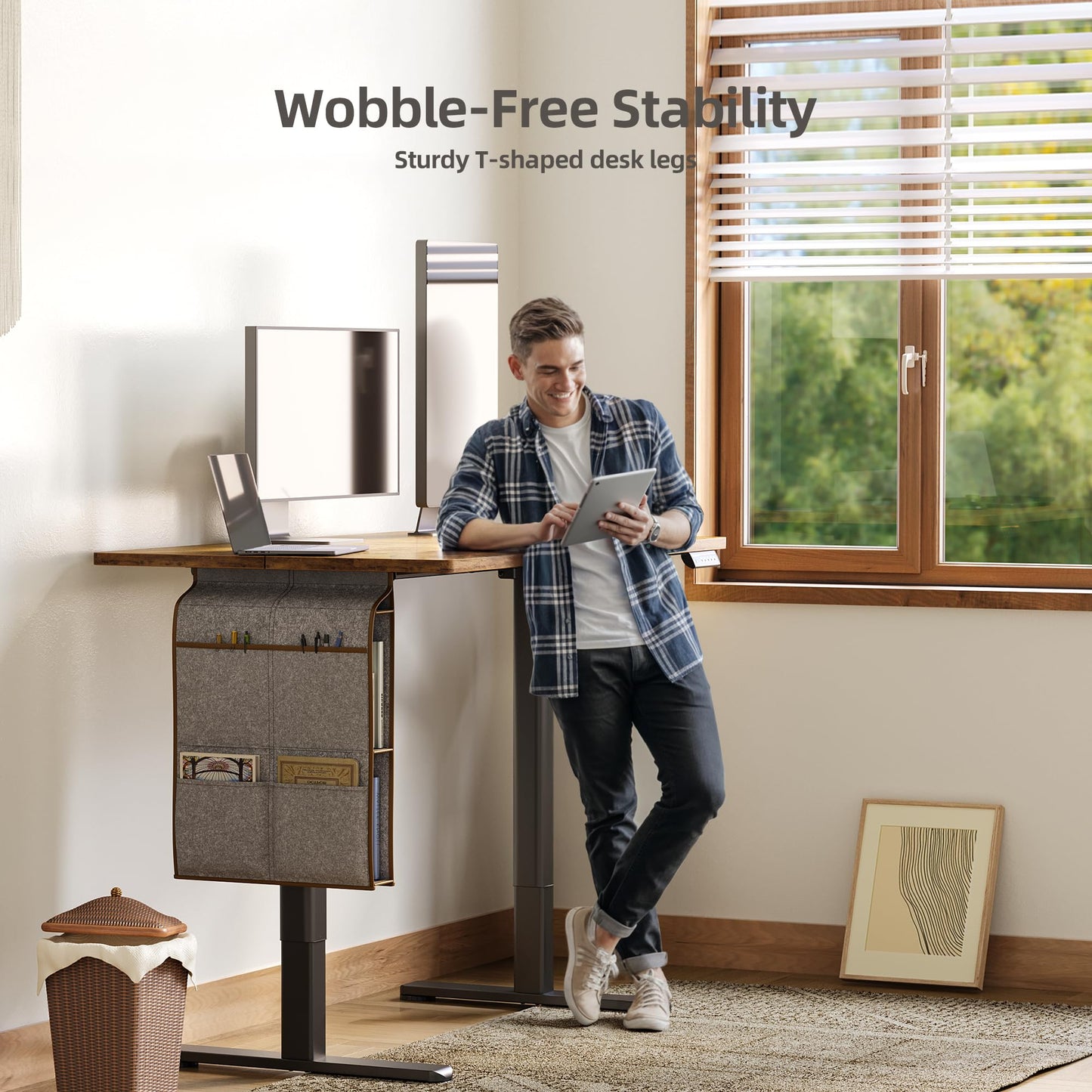 Claiks Electric Standing Desk Adjustable Height with Spacious Storage Bag, 48x24 Inch Stand Up Desk with Headphone Hook, Sit Stand Table for Home Office Computer Workstation, Rustic Brown
