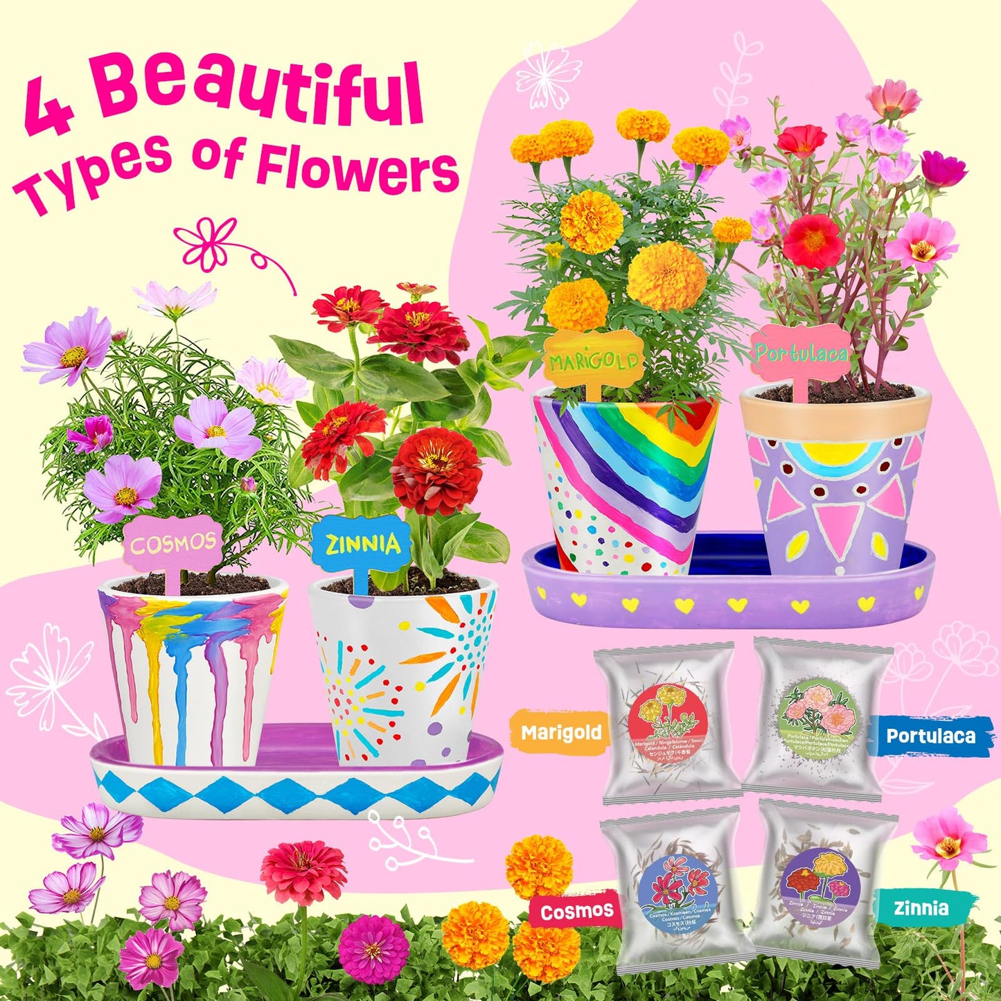 Tekoly 4 Set Paint & Plant Flower Gardening Kit - Gifts for Girls Ages 8-12, Arts and Crafts for Kids Ages 8-12, Kids Gardening Set, Birthday Toys Gifts for Girls Boys Ages 6 7 8 9 10 11 12