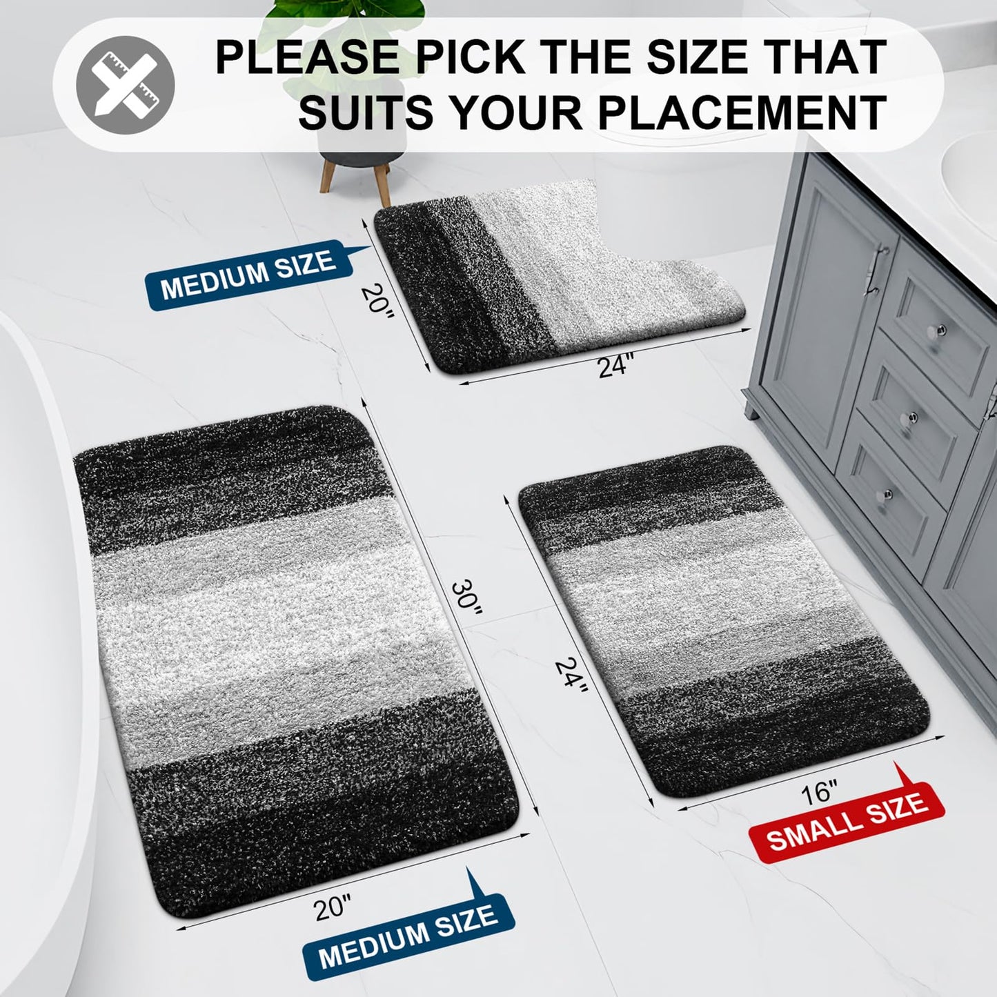 Arotive Microfiber Bathroom Rugs, Shaggy Soft and Absorbent Bath Rug, Non-Slip, Thick Plush Machine Washable Dry Bath Mats for Bathroom, Tub and Shower, 24x16, Black