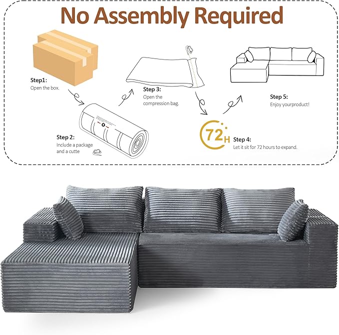 WUTUTUEE 110" Boneless Sectional Couch with Chaise Lounge, Cloud Couch Compressed Sofa L Shape, No Assembly Memory Foam Sofa for Living Room, Grey Corduroy