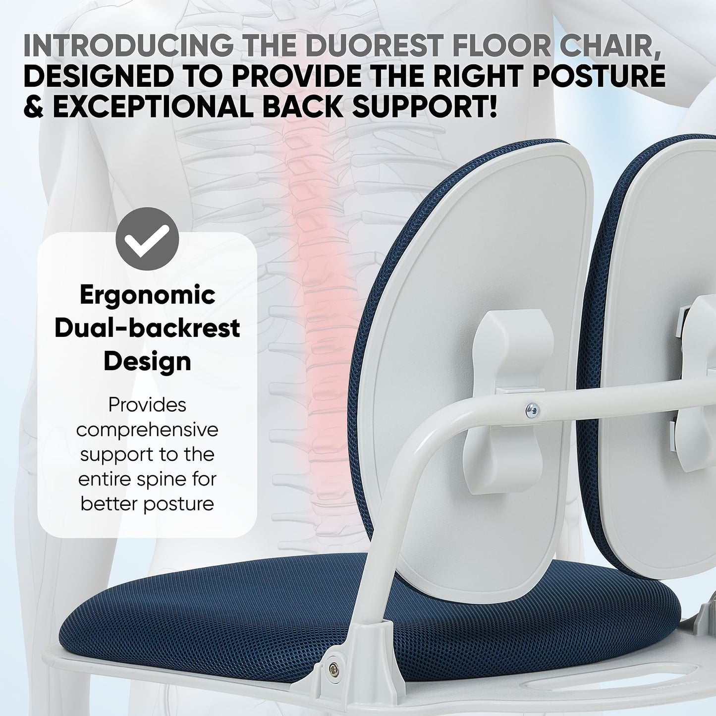 Made in Korea Dual-Backrests Ergonomic Floor Chair With Back Support - Meditation, Gaming, Reading Chair for Adults, Foldable (Blue)