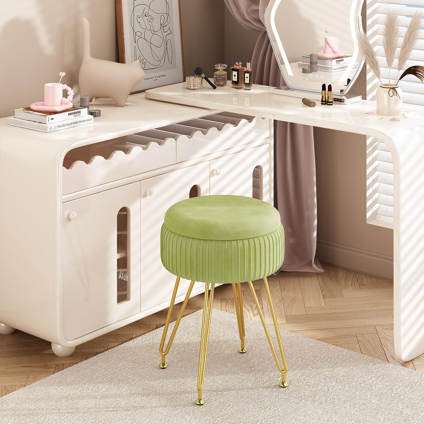 Redlife Vanity Stool with Storage, Round Makeup Vanity Stool with 4 Gold Legs Small Velvet Make Up Chair Multifunctional Storage Ottoman Stools for Makeup Room Bedroom (Light Green)